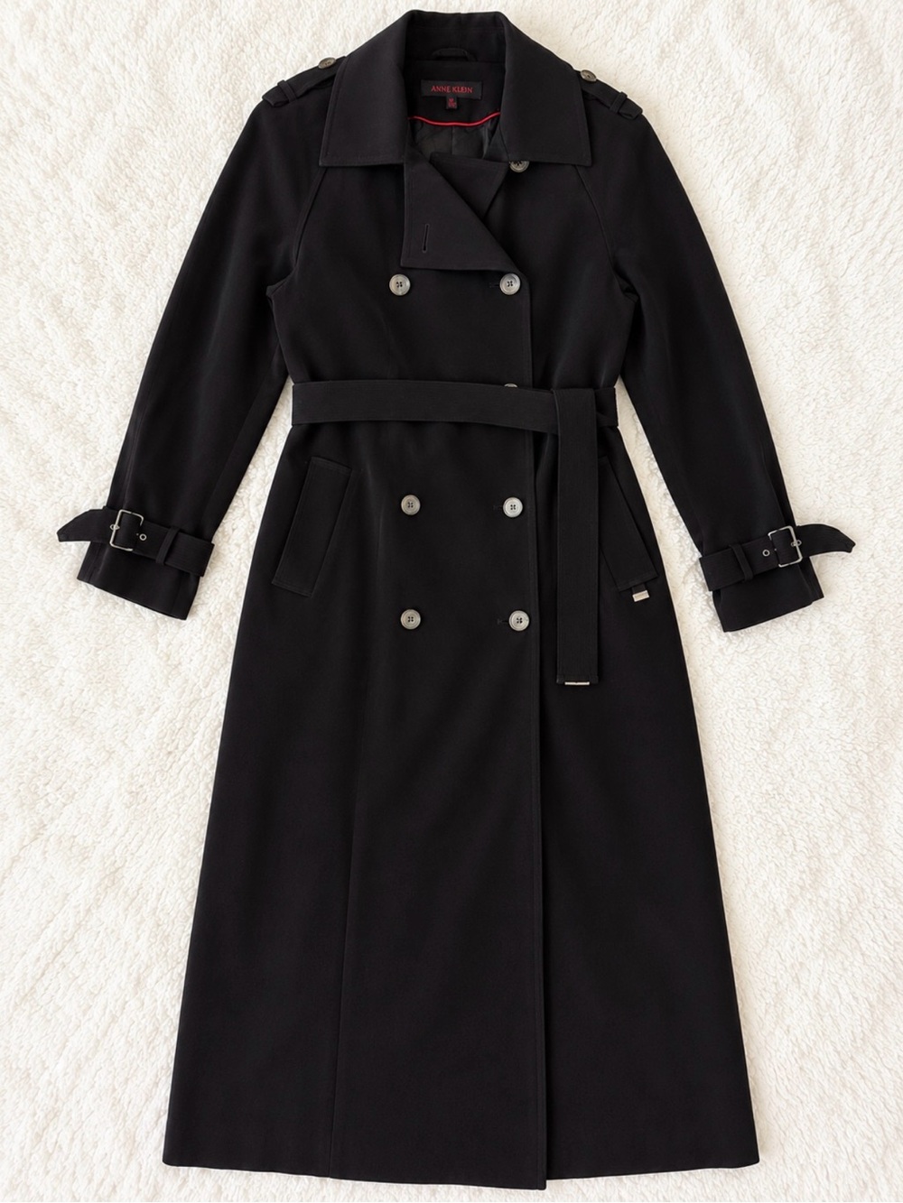 Anne Klein Black Long Maxi Trench Coat Belted Double Breasted Size M